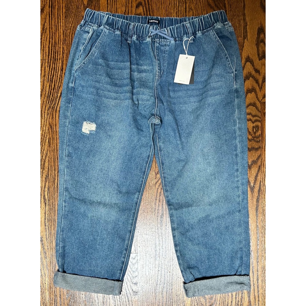 Flamingals Blue Distressed Elastic Waist Denim Jogger Ankle Jeans XXXL NEW!